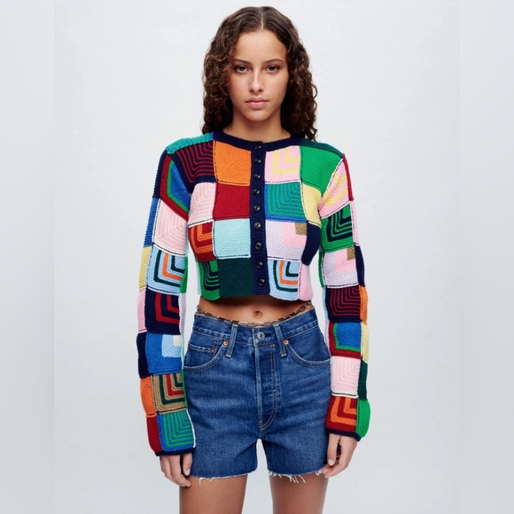 RE/DONE MULTI COLOR PATCHWORK CARDIGAN SWEATER SIZE SMALL